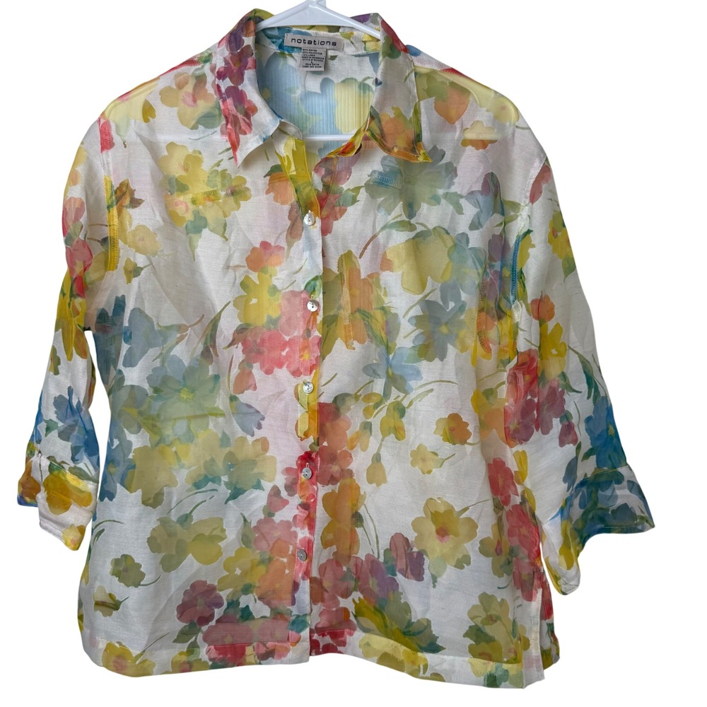 Notations Blouse Women L Multi Color Floral Sheer Rayon Linen Button Up Sleeve